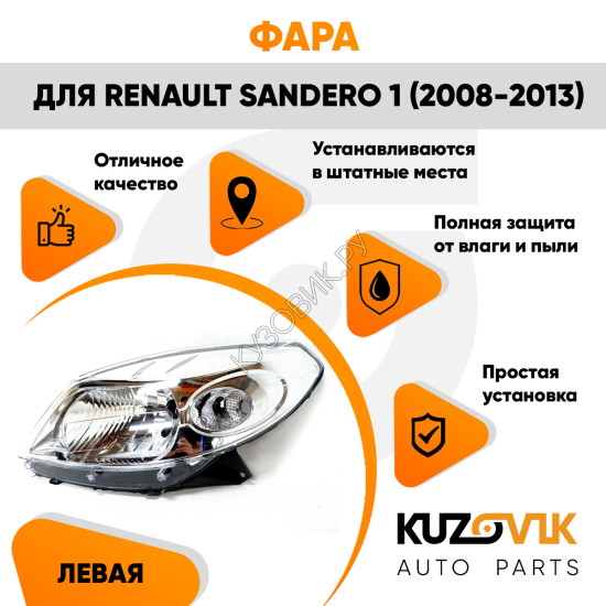 Фара левая хром Renault Sandero 1 (2008-2013) KUZOVIK