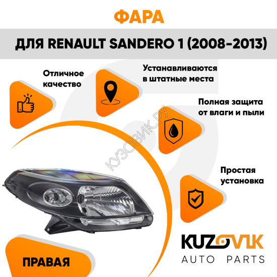 Фара правая черная Renault Sandero 1 (2008-2013) KUZOVIK