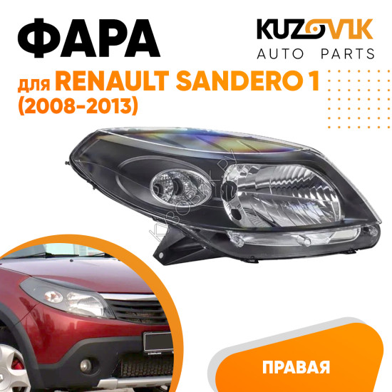 Фара правая черная Renault Sandero 1 (2008-2013) KUZOVIK